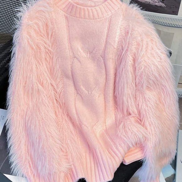 Sweaters - Pink Casual Women's Stand Collar Fuzzy Embellished Long Sleeve Sweater